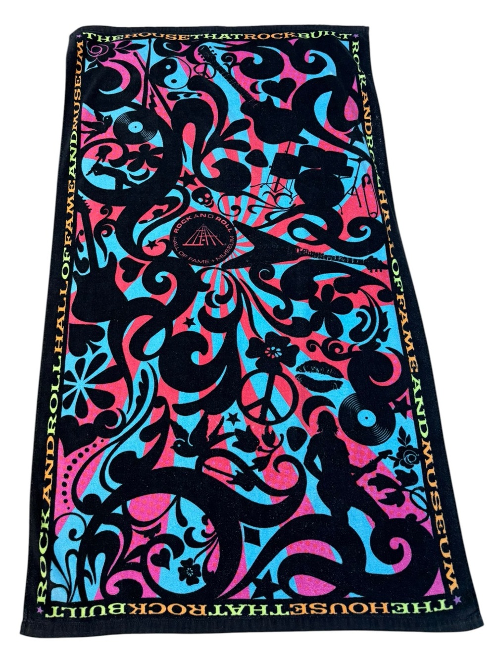 Rock & Roll Hall Of Fame Museum Psychedelic Graphic Beach Towel, Pink, Black